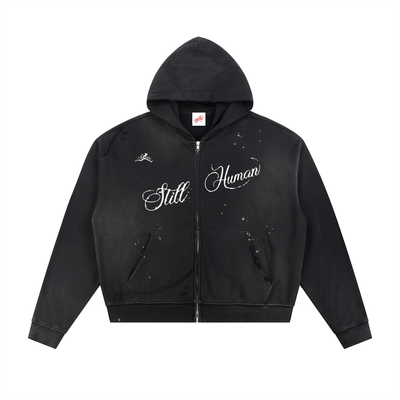 Hxnna Still Human  - Sun Fade Frayed Raw Edge Fleece Zip Hoodie