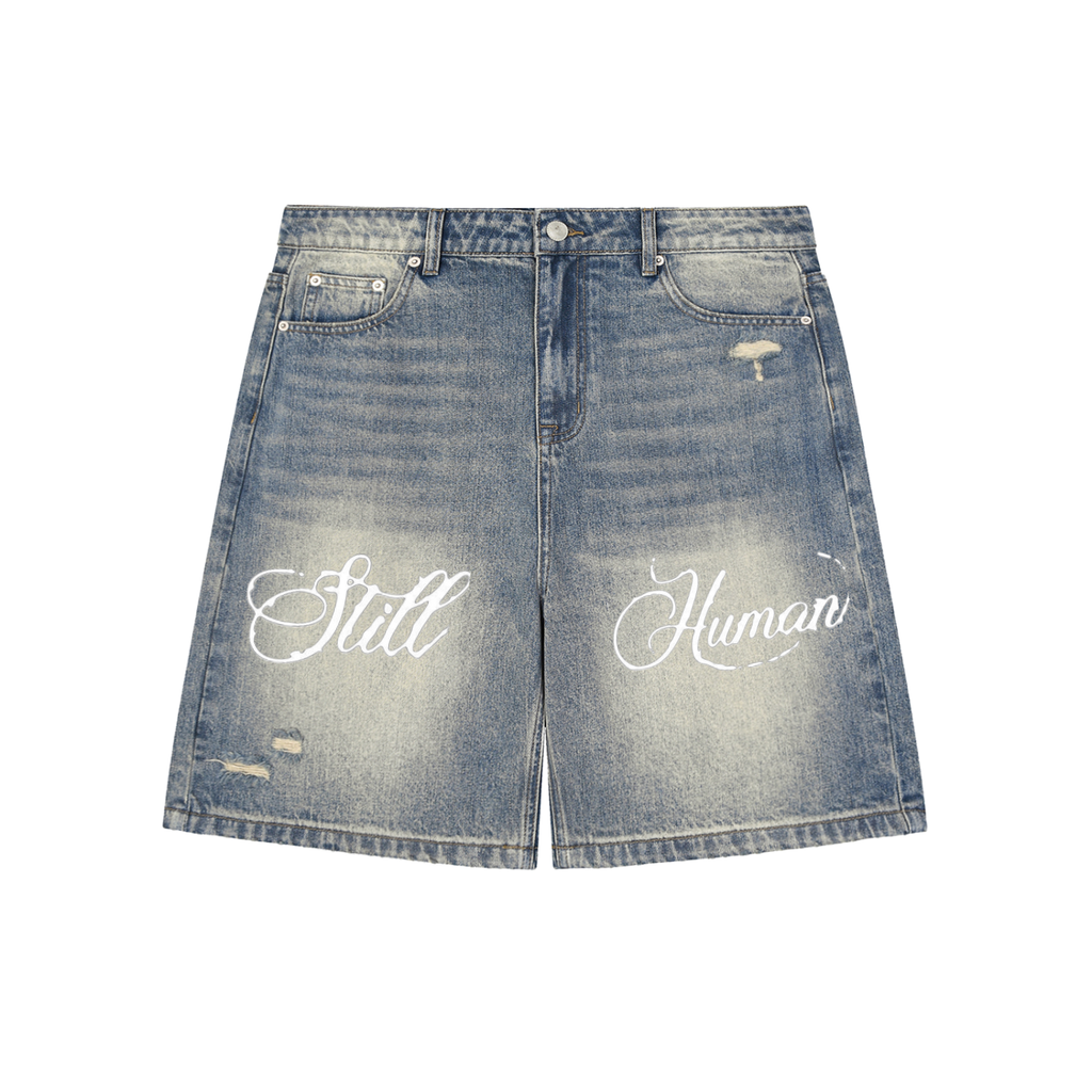 Hxnna Still human - Faded Distressed Baggy Denim Shorts
